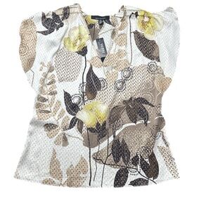 White House Black Market Floral Blouse - White, Yellow, Brown